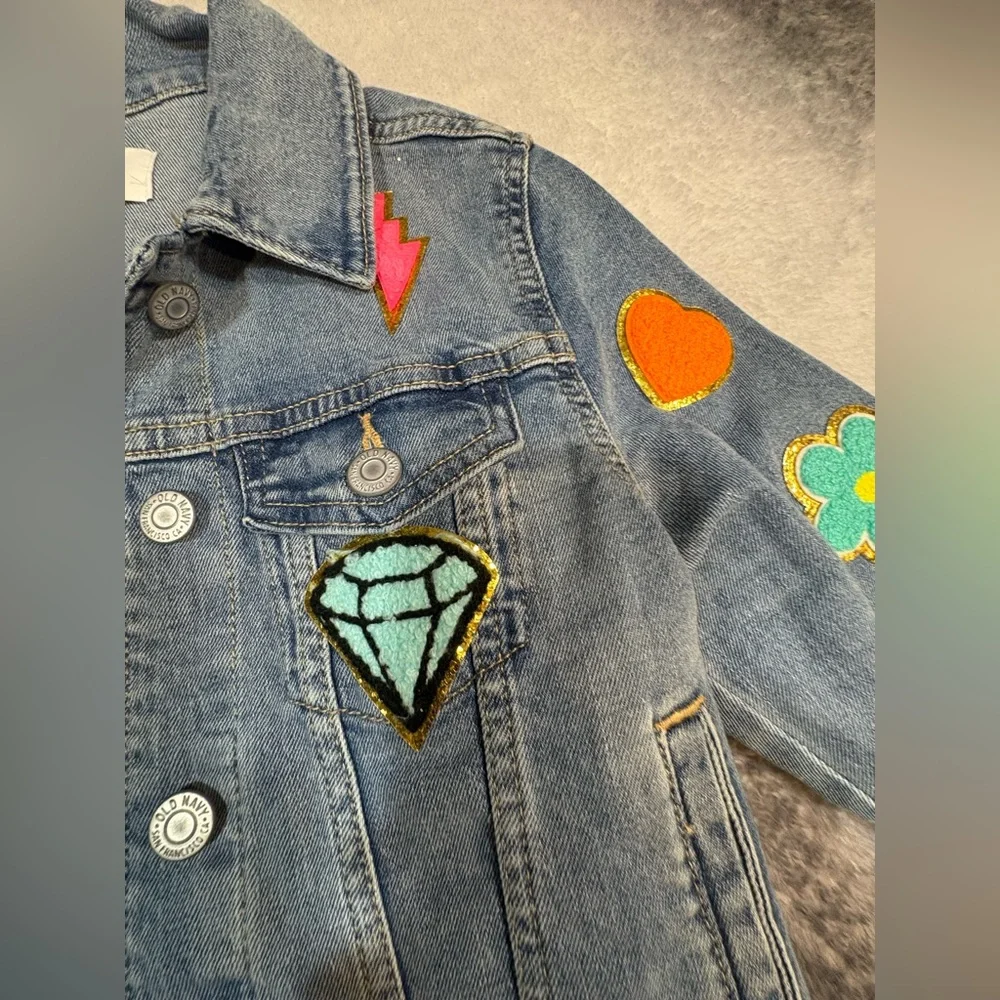 (B4) Old Navy Girls Custom Patch Denim‎ Jacket Size M 8 Blue Jean Trucker Boho